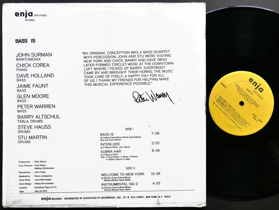 PETER WARREN Bass Is LP ENJA RECORDS 2018 US 1974 JAZZ Chick Corea John Surman