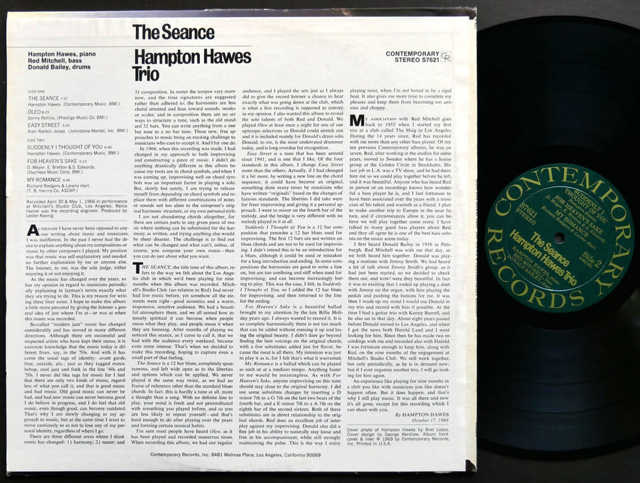 HAMPTON HAWES Trio The Seance LP CONTEMPORARY S7621 US 1969 DG ST Red Mitchell