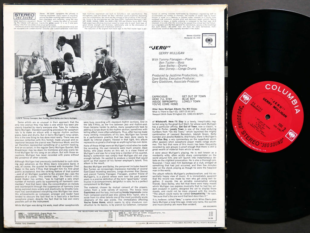 GERRY MULLIGAN Jeru LP COLUMBIA CS 8732 US 1963 2-EYE Tommy Flanagan Dave Bailey