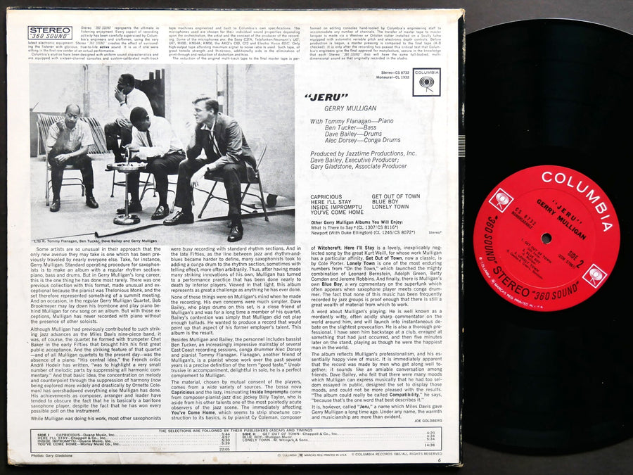 GERRY MULLIGAN Jeru LP COLUMBIA CS 8732 US 1963 2-EYE Tommy Flanagan Dave Bailey
