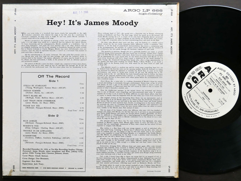 JAMES MOODY Hey! It's James Moody LP ARGO LP-666 US 1960 JAZZ DG MONO CLEAN