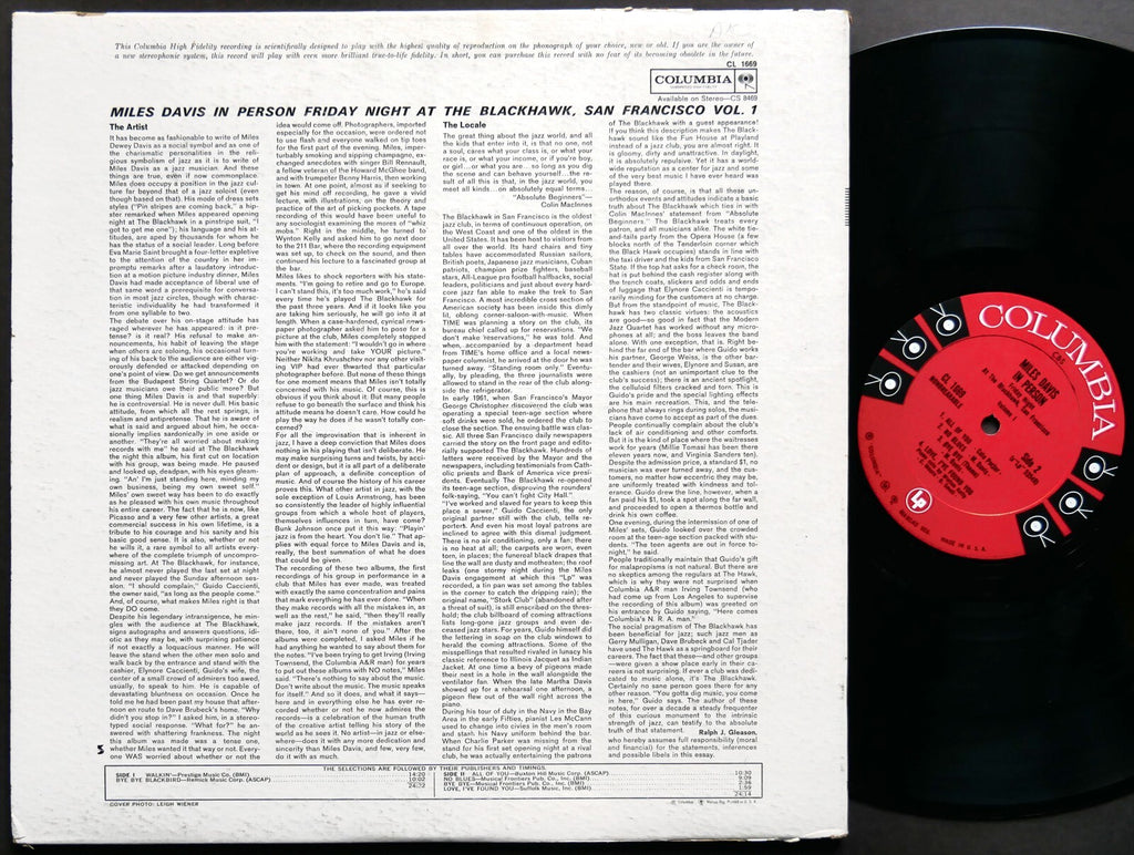 MILES DAVIS In Person At The Blackhawk Vol.I COLUMBIA CL 1669 MONO Hank Mobley