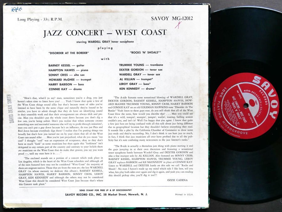 WARDELL GRAY DEXTER GORDON Jazz Concert West Coast Vol.1 LP SAVOY MG 12012 MONO
