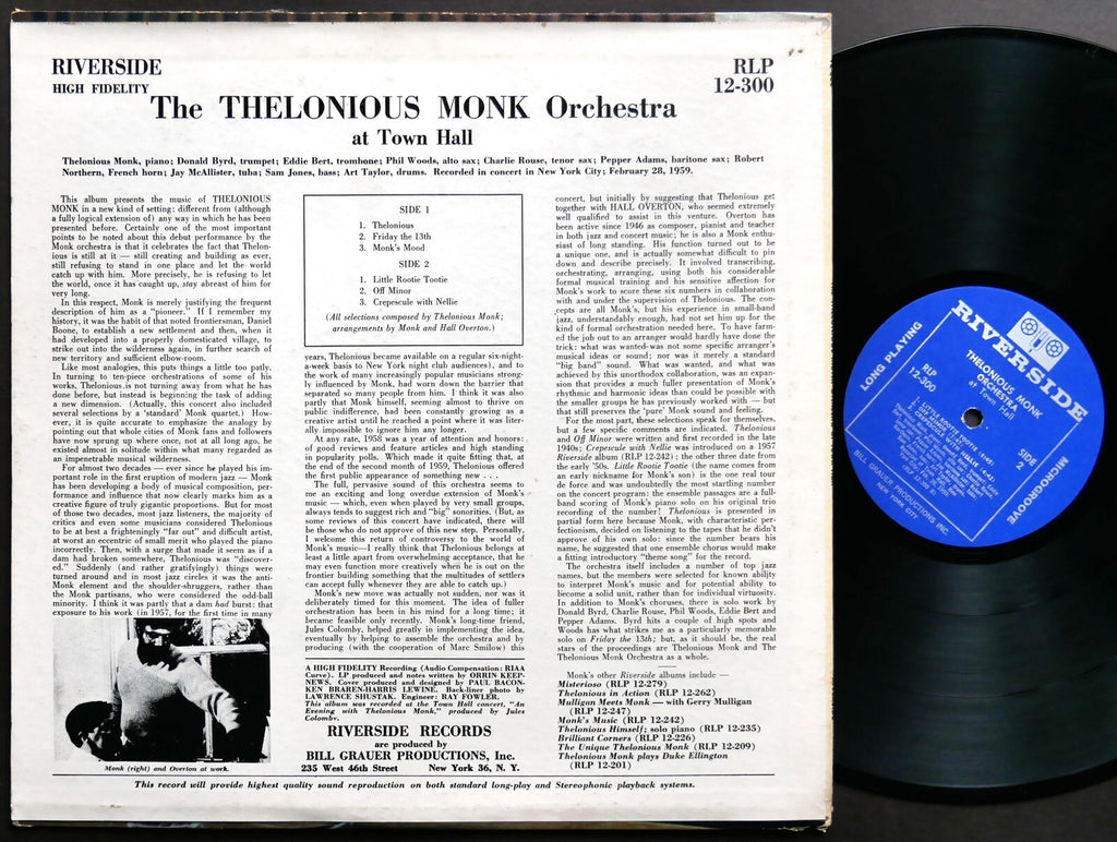 THELONIOUS MONK At Town Hall LP RIVERSIDE RLP 12-300 US 1962 MONO Donald Byrd