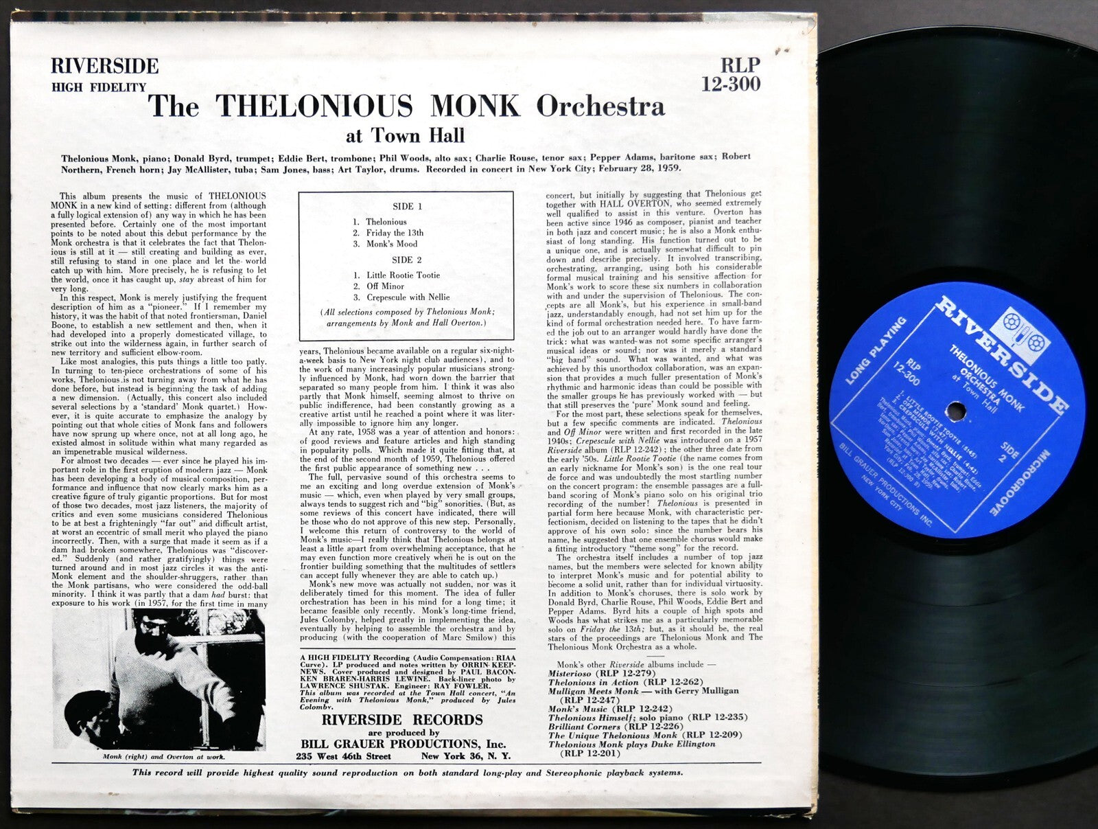 THELONIOUS MONK At Town Hall LP RIVERSIDE RLP 12-300 US 1962 MONO Donald Byrd