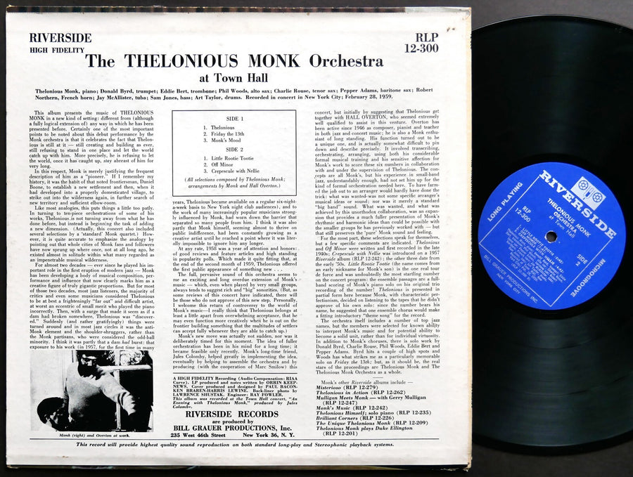 THELONIOUS MONK At Town Hall LP RIVERSIDE RLP 12-300 US 1962 MONO Donald Byrd