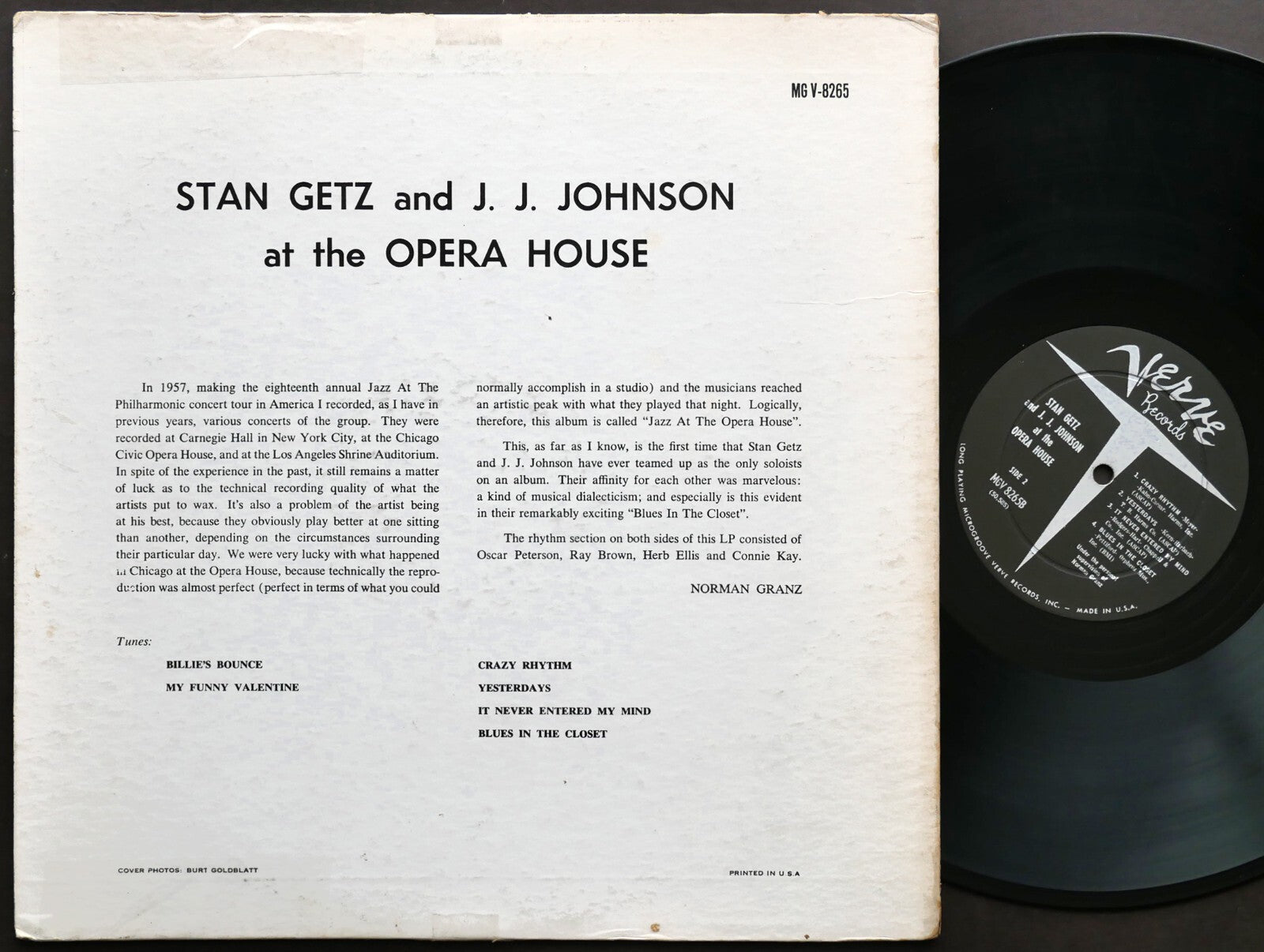 TAN GETZ J.J. JOHNSON At The Opera House LP VERVE RECORDS MG V-8265 DG MONO