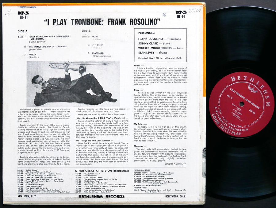 FRANK ROSOLINO I Play Trombone LP BETHLEHEM BCP-26 US 1956 DG MONO Sonny Clark