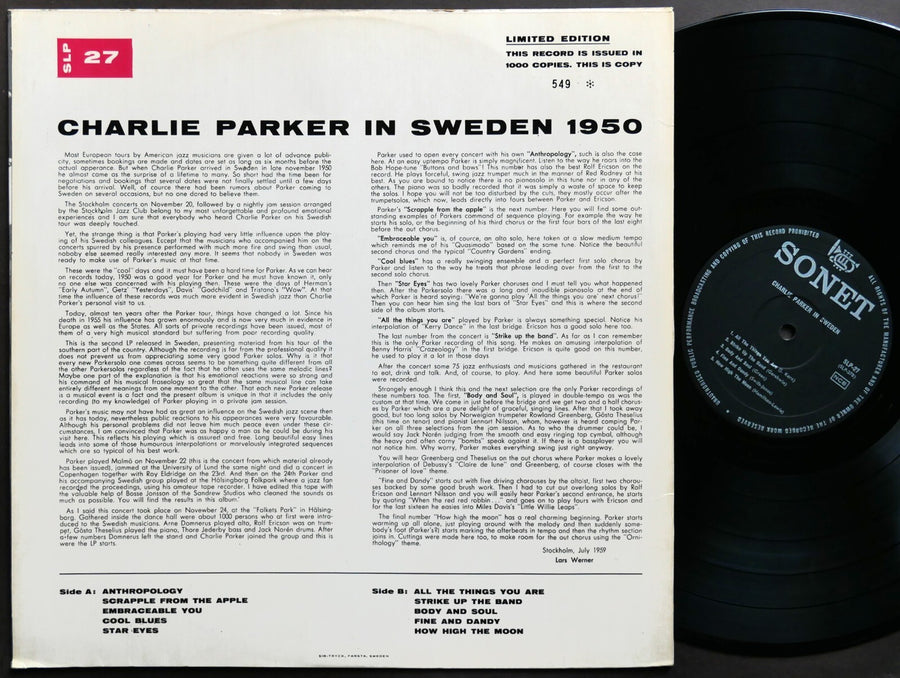 CHARLIE PARKER In Sweden 1950 LP SONET SLP 27 SWEDEN 1959 Limited Edition