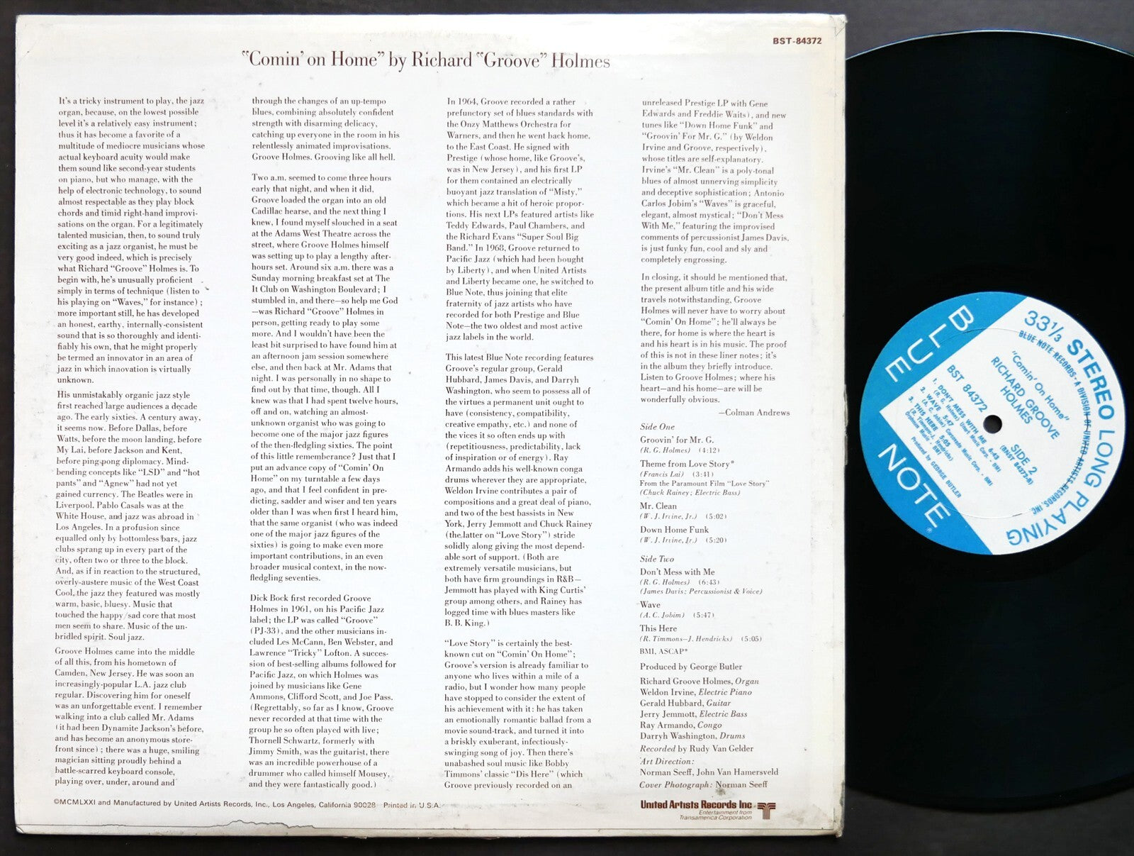 RICHARD GROOVE HOLMES Comin' On Home LP BLUE NOTE BST 84372 US 1971 Weldon Irvin