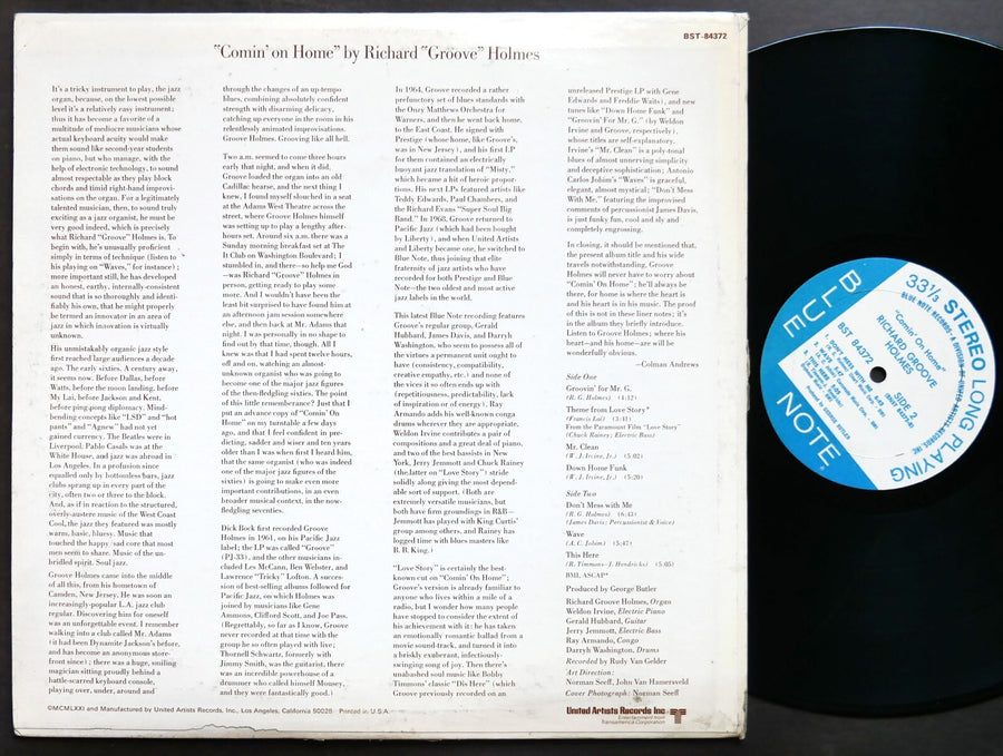 RICHARD GROOVE HOLMES Comin' On Home LP BLUE NOTE BST 84372 US 1971 Weldon Irvin