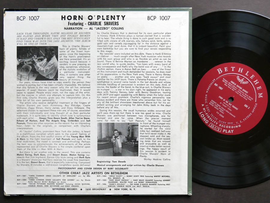 CHARLIE SHAVERS Horn O'Plenty 10" LP BETHLEHEM RECORDS BCP 1007 US 1955 DG MONO
