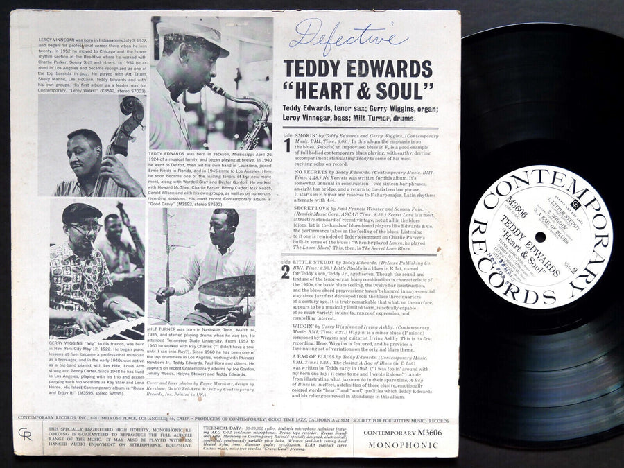 TEDDY EDWARDS Heart & Soul LP CONTEMPORARY RECORDS M 3606 US 1962 DG MONO PROMO