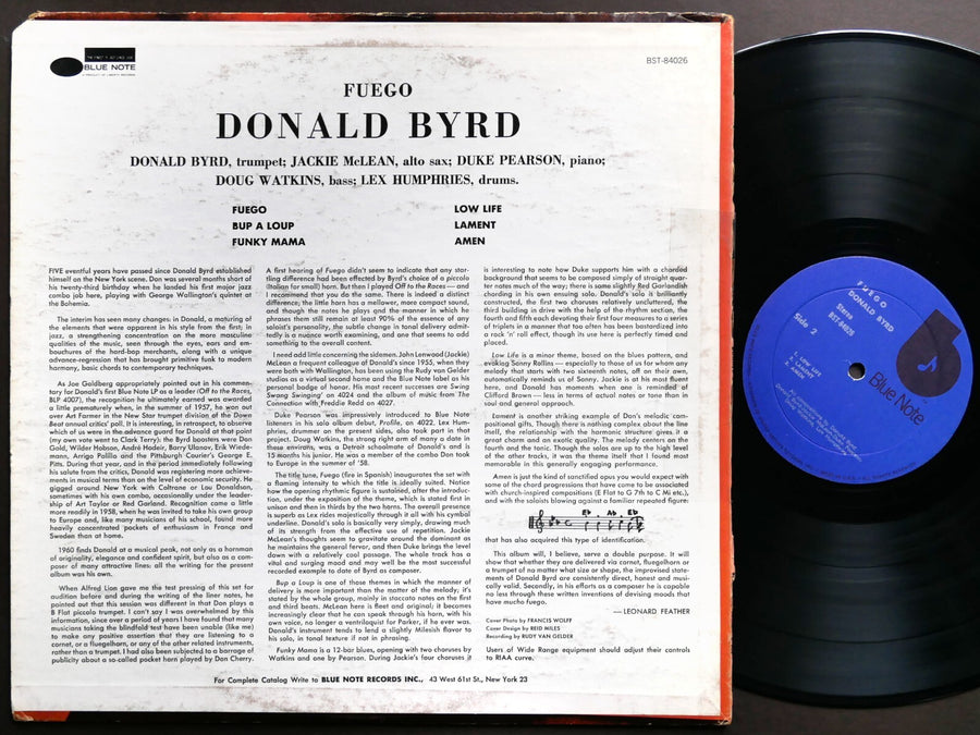 DONALD BYRD Fuego LP BLUE NOTE BST 84026 US 1973 RVG Jackie McLean Duke Pearson