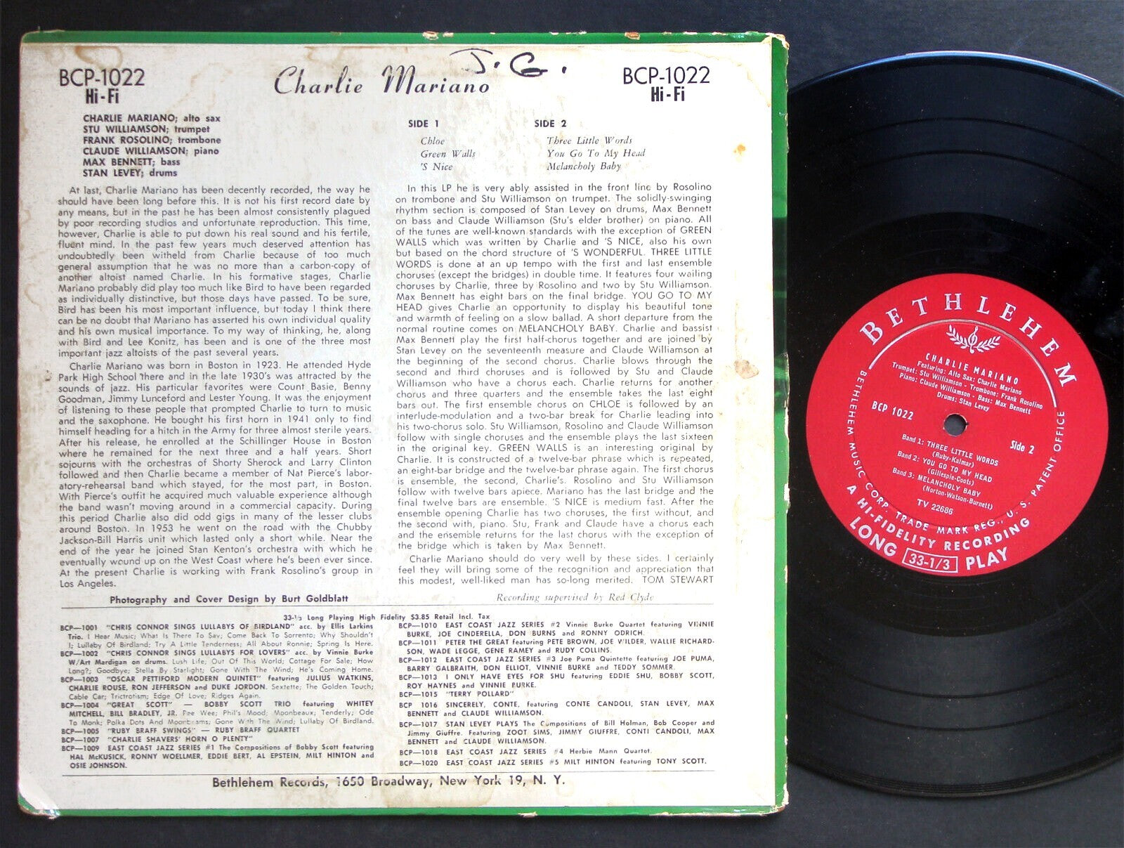 CHARLIE MARIANO Mariano 10" LP BETHLEHEM RECORDS BCP 1022 US 1954 JAZZ DG MONO