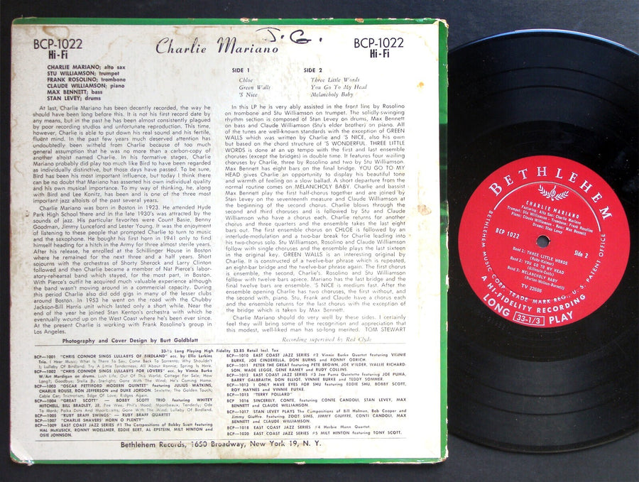 CHARLIE MARIANO Mariano 10" LP BETHLEHEM RECORDS BCP 1022 US 1954 JAZZ DG MONO