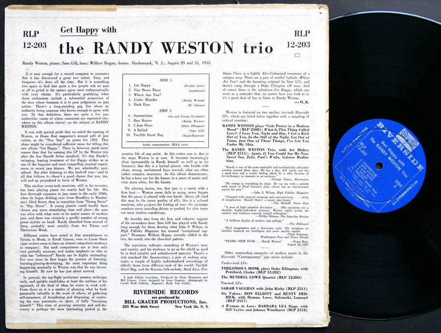 RANDY WESTON TRIO Get Happy With LP RIVERSIDE RECORDS RLP 12-203 JAZZ DG MONO