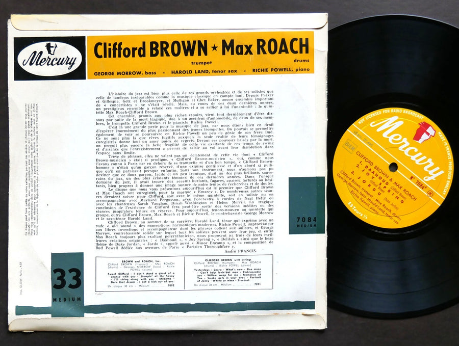 CLIFFORD BROWN & MAX ROACH 10" LP MERCURY 7084 FRANCE 1960 MONO