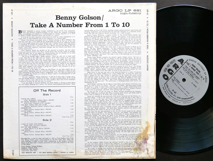 SIGNED by BENNY GOLSON Take A Number From 1 To 10 LP ARGO LP 681 US 1961 DG MONO