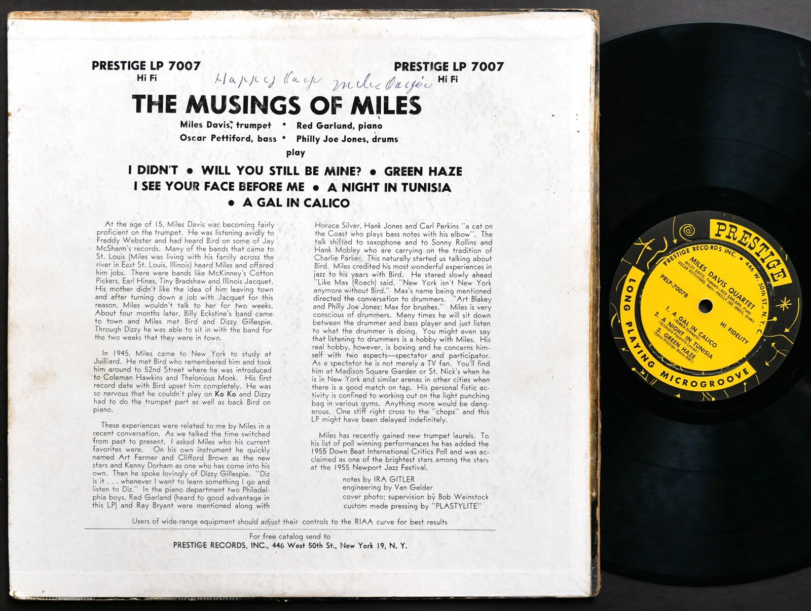 SIGNED by MILES DAVIS The Musings Of Miles LP PRESTIGE PRLP 7007 US 1955 DG MONO