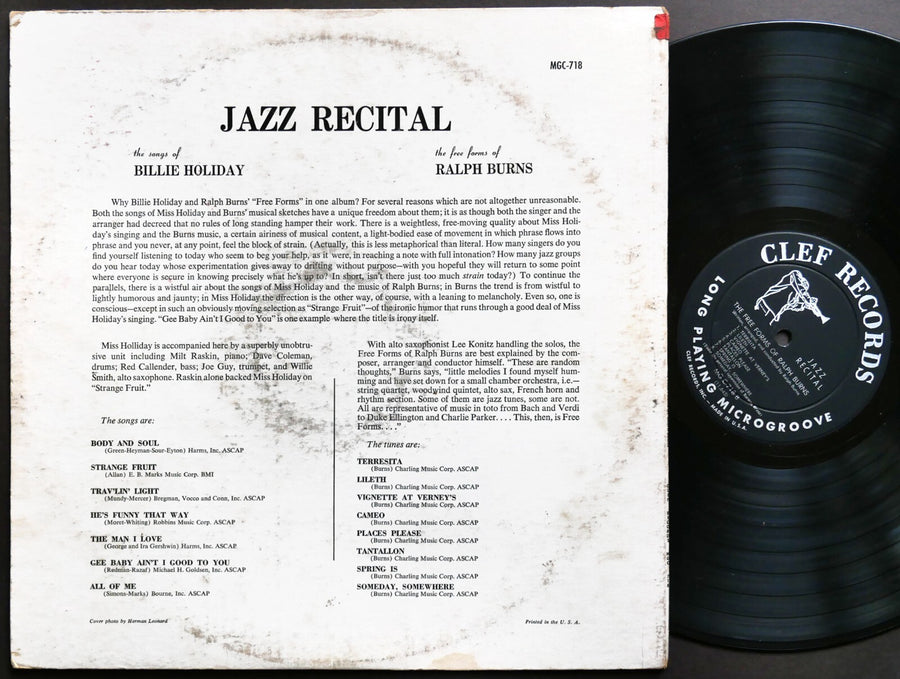 BILLIE HOLIDAY RALPH BURNS Jazz Recital LP CLEF RECORDS MG C-718 US 1956 DG MONO