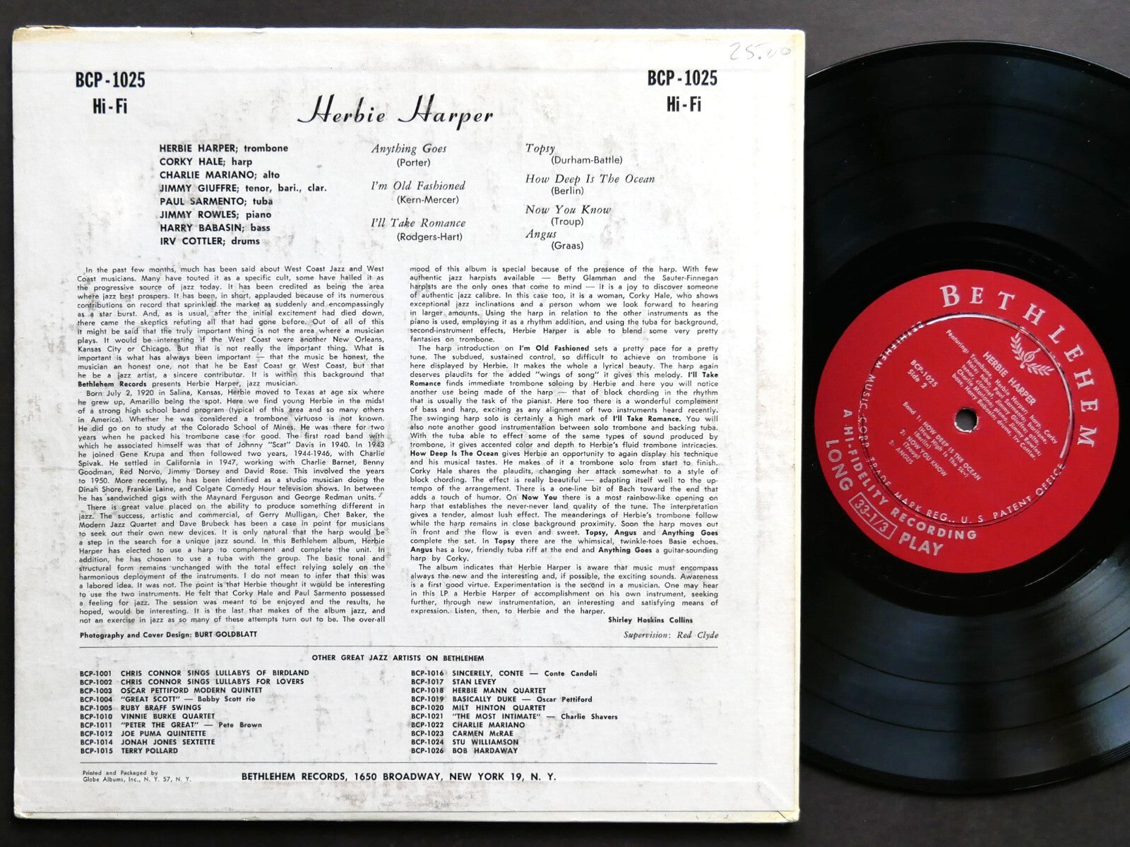HERBIE HARPER 10" LP BETHLEHEM RECORDS BCP 1025 DG MONO JAZZ Charlie Mariano