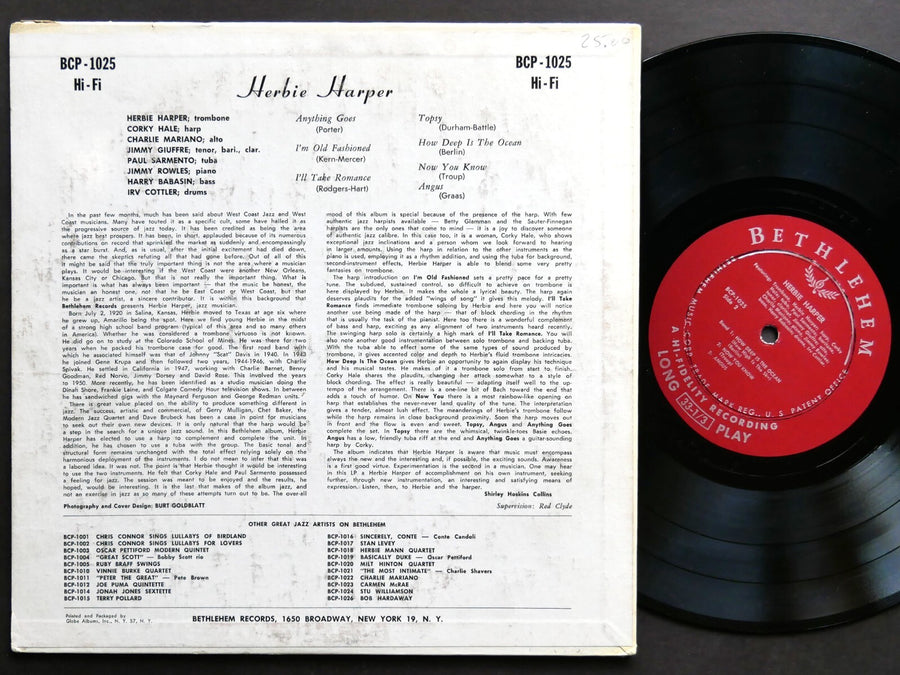 HERBIE HARPER 10" LP BETHLEHEM RECORDS BCP 1025 DG MONO JAZZ Charlie Mariano
