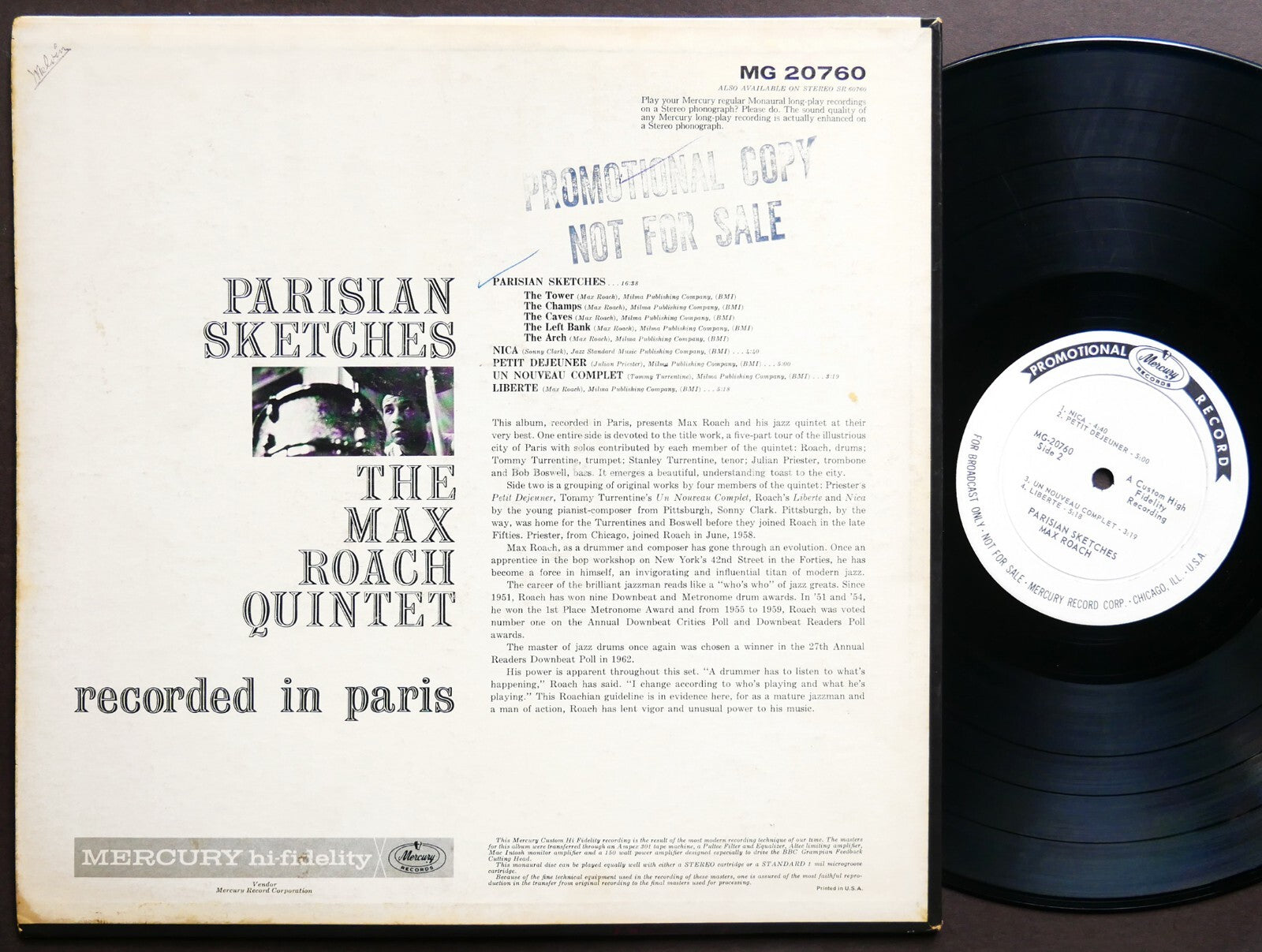 MAX ROACH Quintet Parisian Sketches LP MERCURY MG 20760 DG MONO Tommy Turrentine