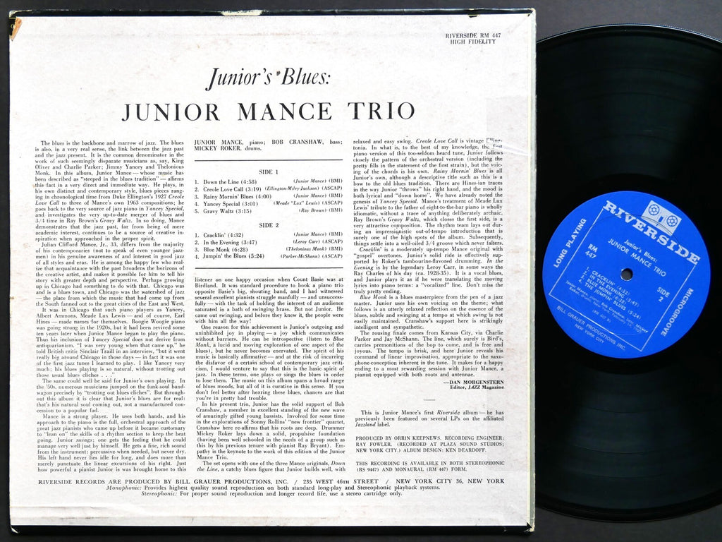 JUNIOR MANCE TRIO Junior's Blues LP RIVERSIDE RECORDS RM 447 US 1963 JAZZ MONO