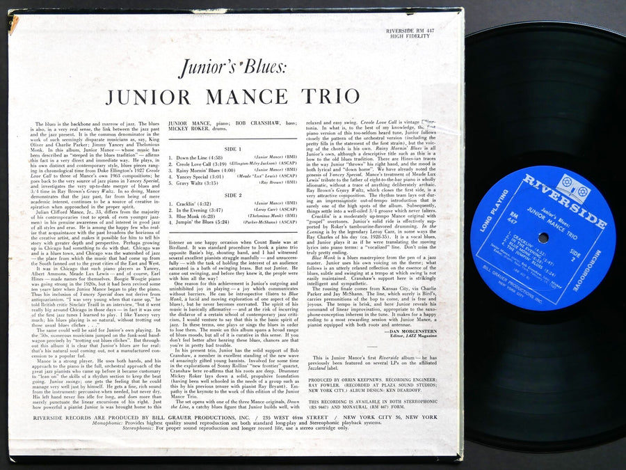 JUNIOR MANCE TRIO Junior's Blues LP RIVERSIDE RECORDS RM 447 US 1963 JAZZ MONO