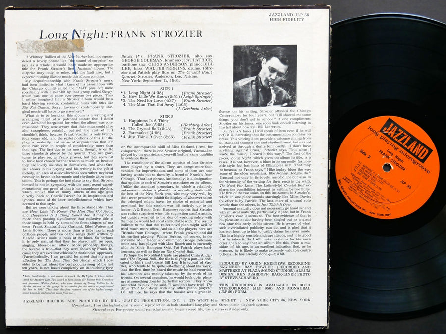 FRANK STROZIER Long Night LP JAZZLAND JLP 56 US 1961 MONO Pat Patrick Bill Lee