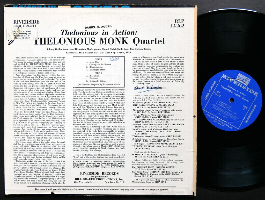 THELONIOUS MONK JOHNNY GRIFFIN In Action LP RIVERSIDE RLP12-262 JAZZ DG MONO