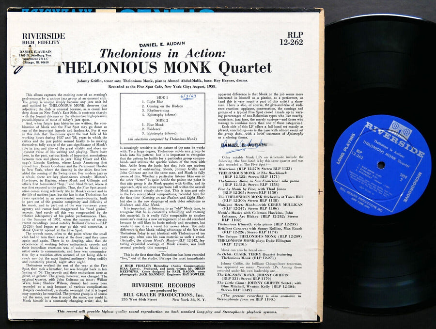 THELONIOUS MONK JOHNNY GRIFFIN In Action LP RIVERSIDE RLP12-262 JAZZ DG MONO