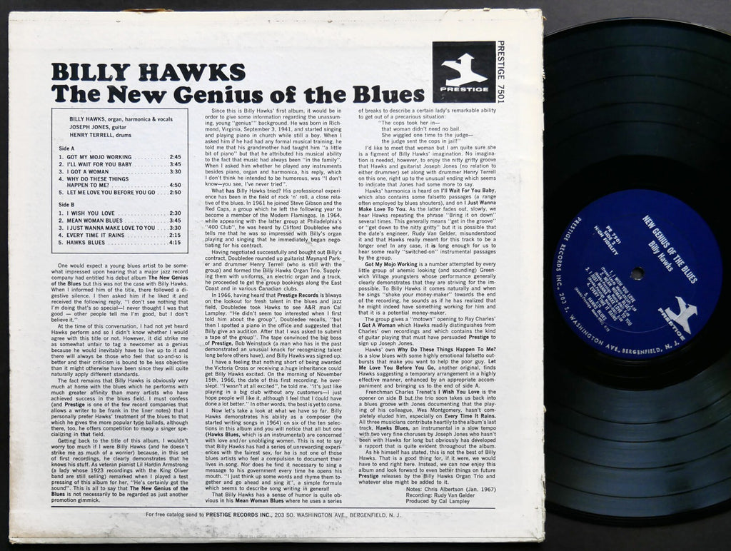 BILLY HAWKS The New Genius Of The Blues LP PRESTIGE PR 7501 Boogaloo Joe Jones