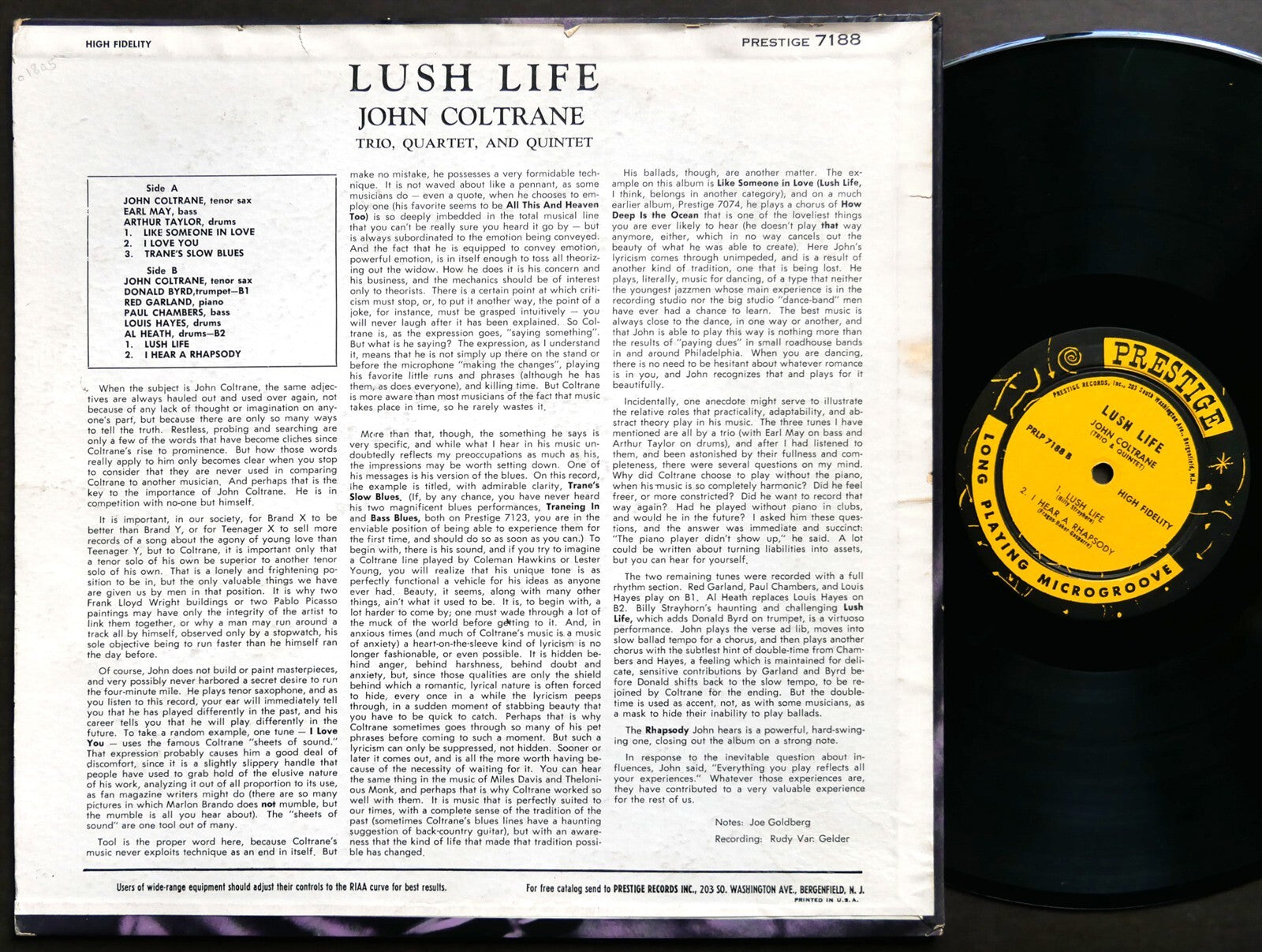 JOHN COLTRANE Lush Life LP PRESTIGE PRLP 7188 US 1961 NJ RVG DG MONO Donald Byrd