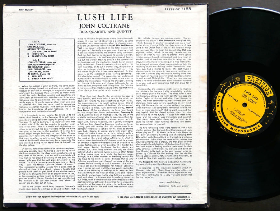 JOHN COLTRANE Lush Life LP PRESTIGE PRLP 7188 US 1961 NJ RVG DG MONO Donald Byrd