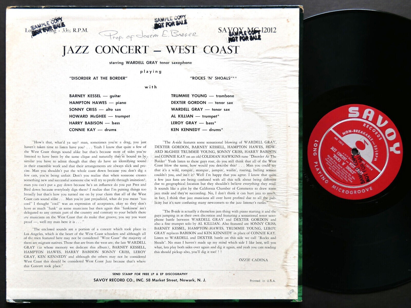 WARDELL GRAY Jazz Concert West Coast Vol.1 LP SAVOY MG 12012 MONO Dexter Gordon