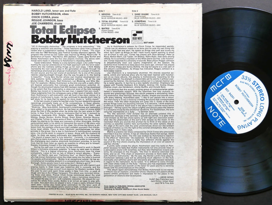 BOBBY HUTCHERSON Total Eclipse LP BLUE NOTE 84291 US '68 Chick Corea Harold Land