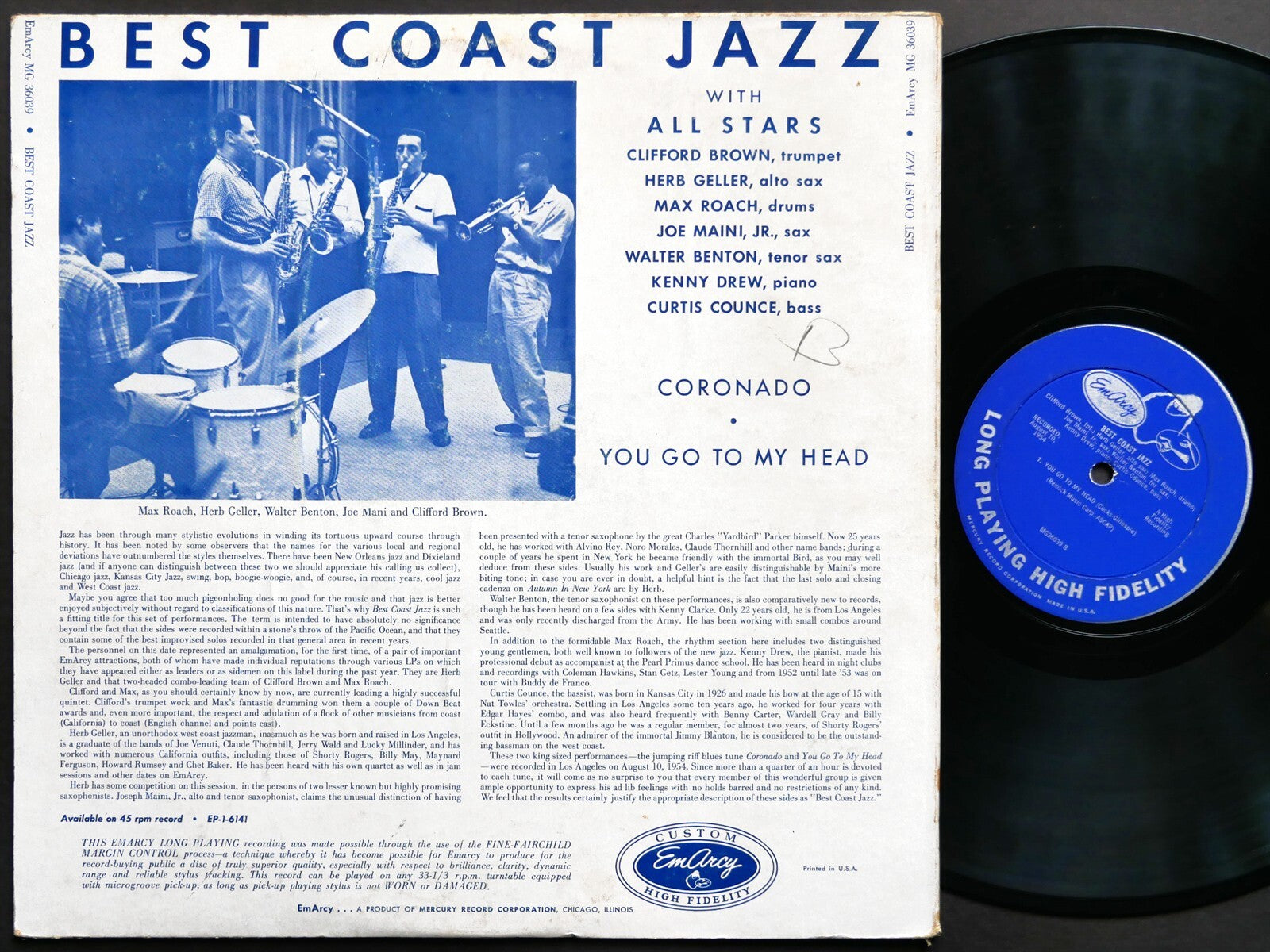 CLIFFORD BROWN MAX ROACH Best Coast Jazz LP EMARCY MG 36039 DG MONO Kenny Drew