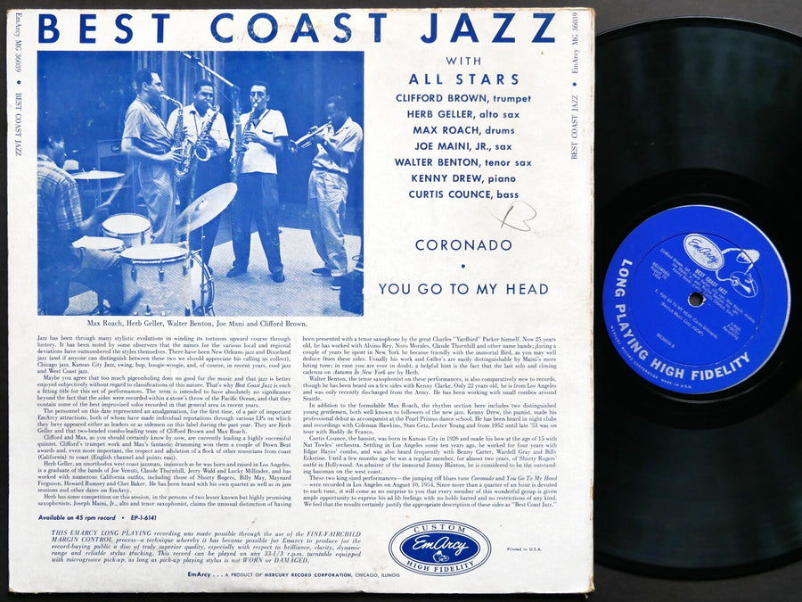 CLIFFORD BROWN MAX ROACH Best Coast Jazz LP EMARCY MG 36039 DG MONO Kenny Drew