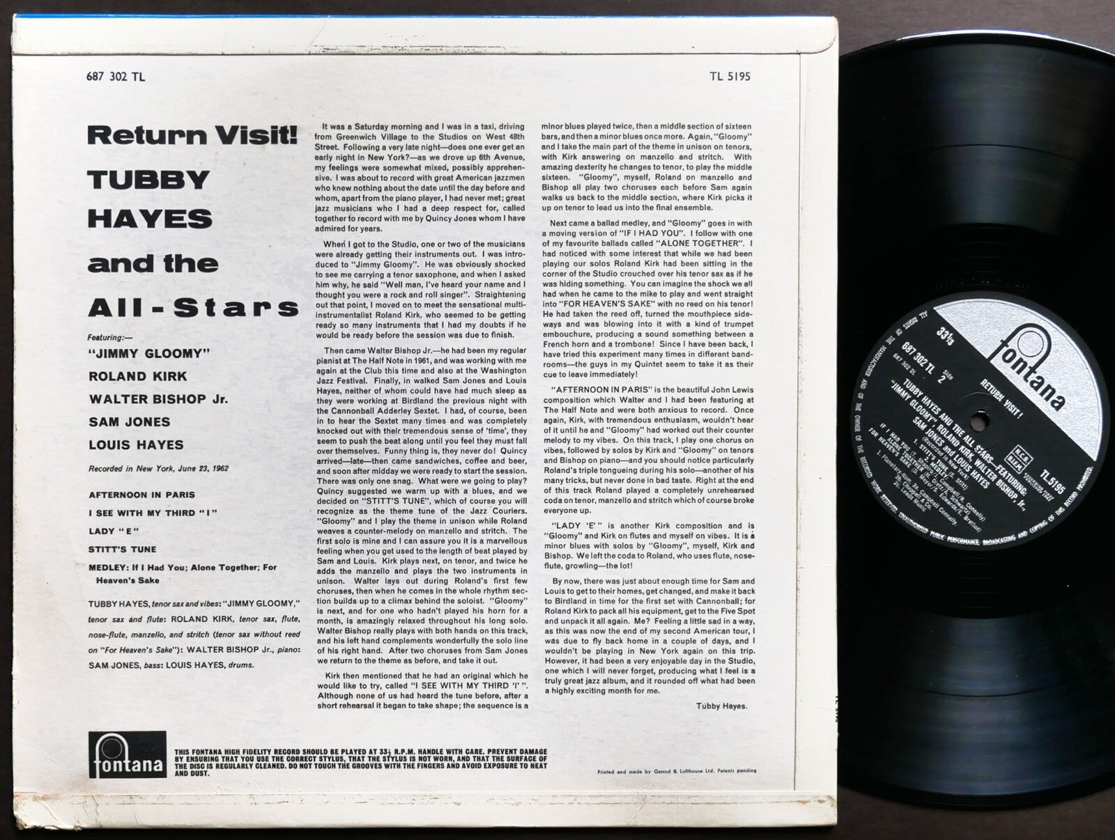 TUBBY HAYES Return Visit! LP FONTANA TL 5195 UK 1963 Roland Kirk Walter Bishop