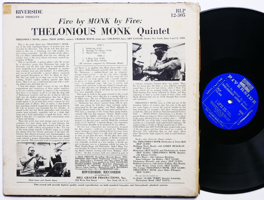 THELONIOUS MONK Quintet 5 By Monk By 5 LP RIVERSIDE RLP 12-305 US 1959 DG MONO