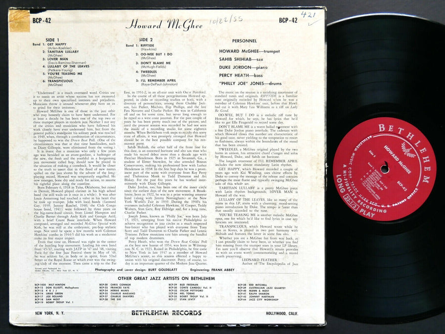 HOWARD MCGHEE The Return Of.. LP BETHLEHEM BCP-42 MONO Sahib Shihab Duke Jordan