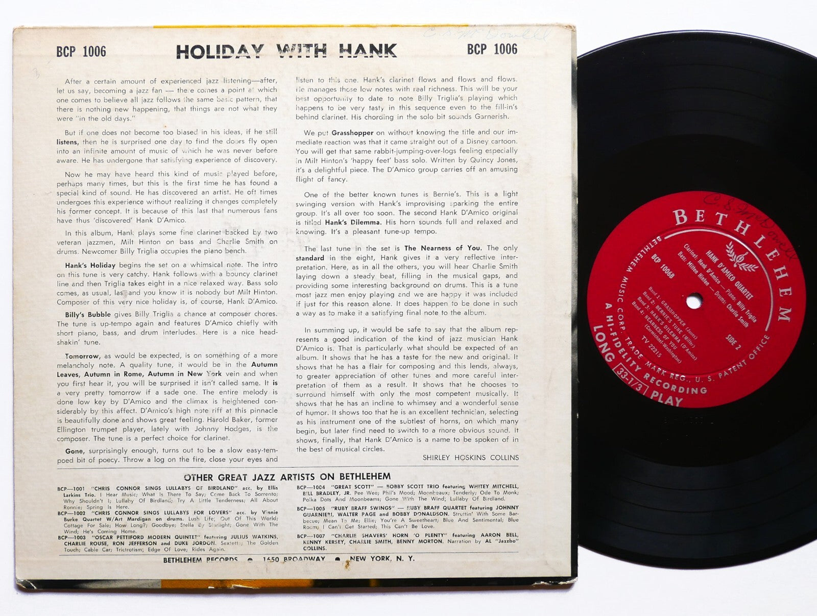 HANK D'AMICO Quartet Holiday With Hank LP BETHLEHEM BCP 1006 US 1955 DG MONO