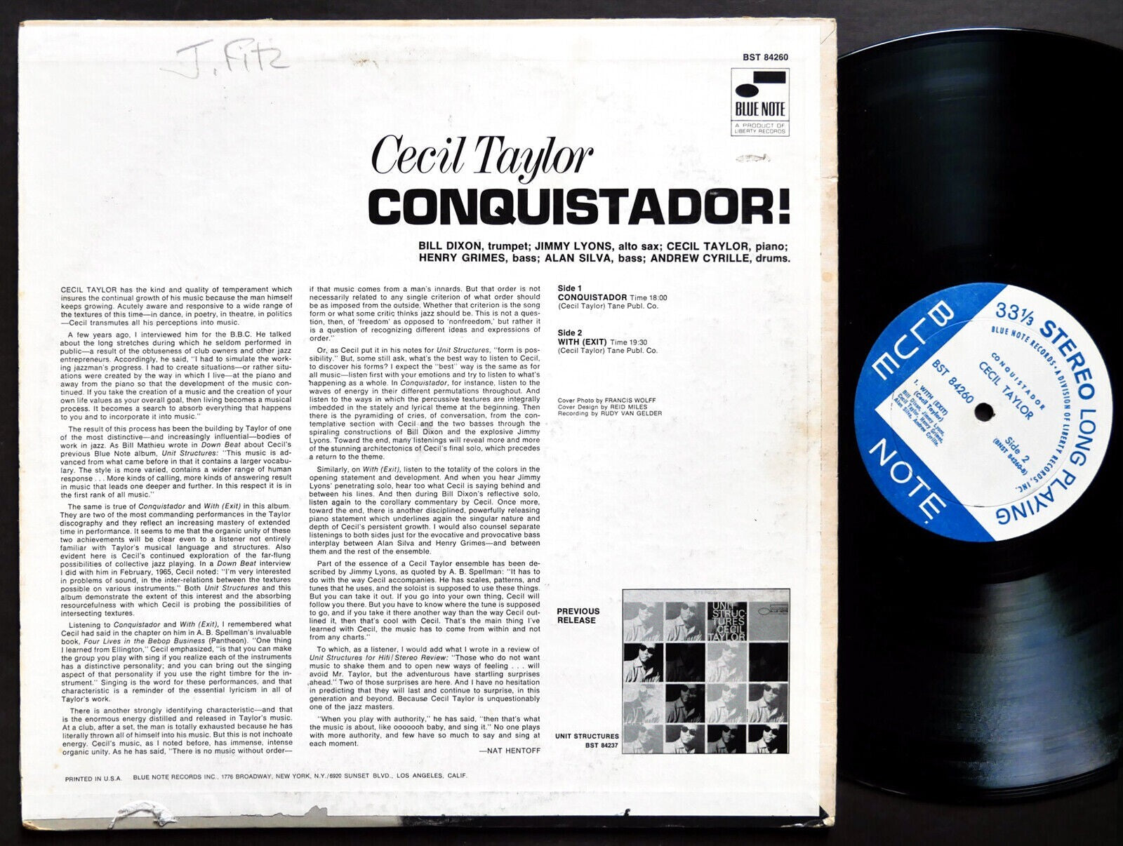 米LP Cecil Taylor Conquistador BST84260 BLUE NOTE /00260 CECIL TAYLOR Conquistador! LP BLUE NOTE 84260 US 1966 Alan Silva