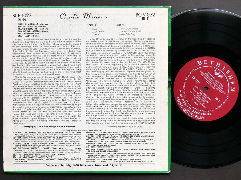 CHARLIE MARIANO Mariano 10" LP BETHLEHEM RECORDS BCP 1022 US 1954 DG MONO VG+