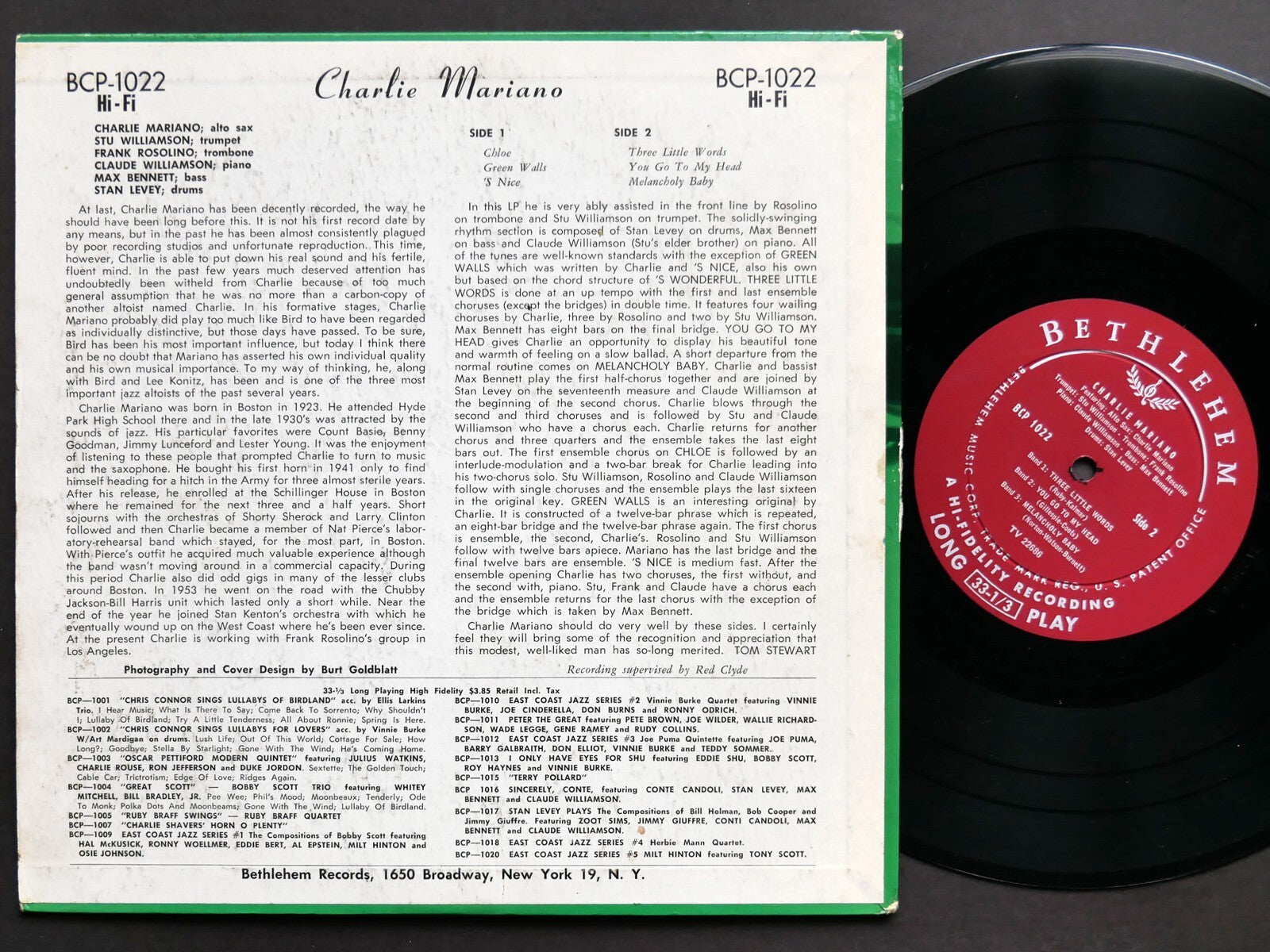 CHARLIE MARIANO Mariano 10" LP BETHLEHEM RECORDS BCP 1022 US 1954 DG MONO VG+