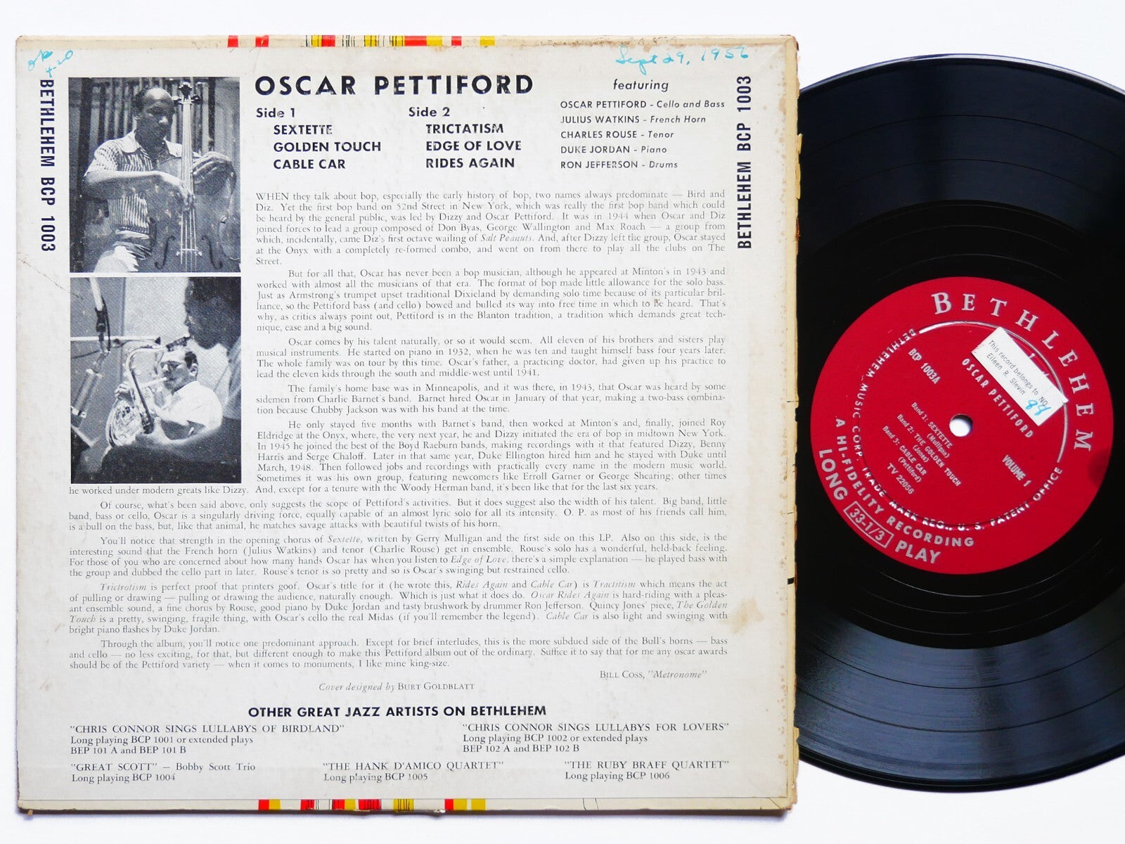 OSCAR PETTIFORD 10" LP BETHLEHEM BCP 1003 DG MONO JAZZ Duke Jordan Charles Rouse