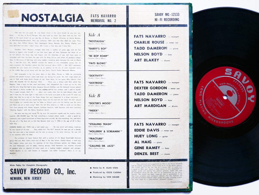 FATS NAVARRO ART BLAKEY DEXTER GORDON Nostalgia LP SAVOY MG-12133 US '58 DG MONO