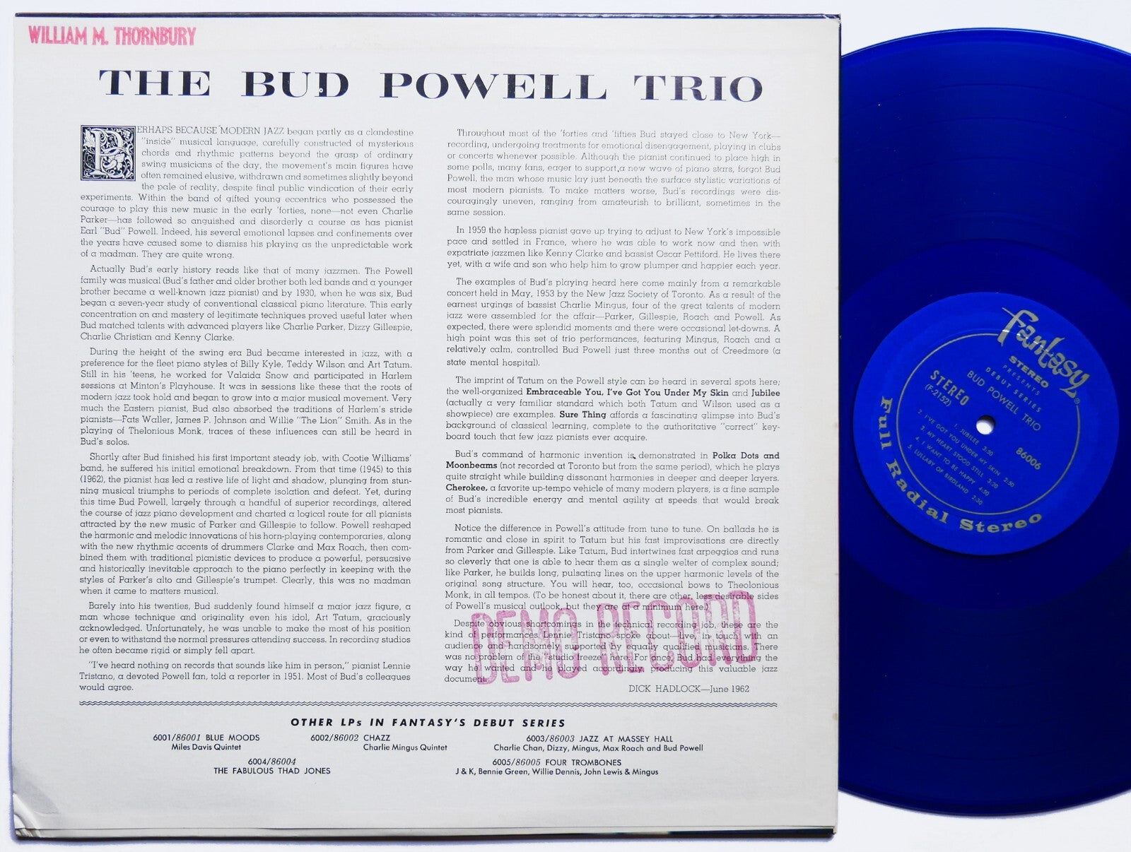 BUD POWELL TRIO LP FANTASY 86006 US 1962 JAZZ Max Roach Charlie Mingus CLEAN